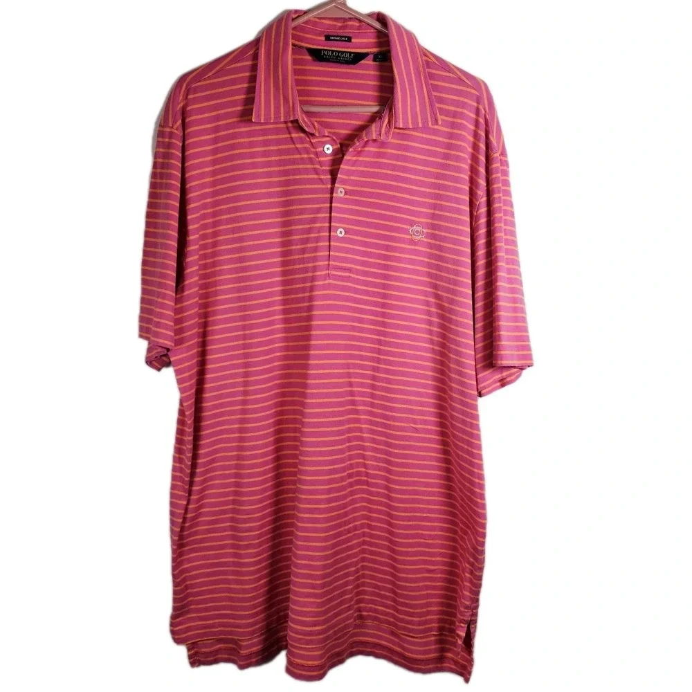 Polo Golf Ralph Lauren XL Pink &‎ Orange Stripe Shortsleeve Pony 100% Cotton EUC